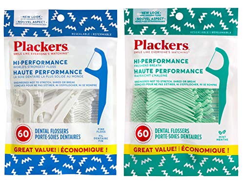 Plackers Hi Performance Original 60 Dental Flossers in Bundle with Plackers Hi Performance Mint 60 Dental Flossers