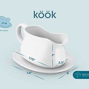 Kook Gravy Boat & Saucer, Ceramic Serving Dish, Dispenser with Tray for Sauces, Dressings and Creamer, Large Handle, Microwave and Dishwasher Safe, 17 oz, White