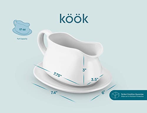 Kook Gravy Boat & Saucer, Ceramic Serving Dish, Dispenser with Tray for Sauces, Dressings and Creamer, Large Handle, Microwave and Dishwasher Safe, 17 oz, White