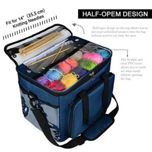 Hoshin Knitting Bag for Yarn Storage, High Capacity Yarn Totes Organizer with Inner Divider Portable for Carrying Project, Knitting Needles(up to 14”), Crochet Hooks, Skeins of Yarn (Navy)