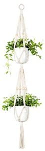 mkono macrame double plant hanger indoor outdoor 2 tier hanging planter basket cotton rope with beads 4 legs 49 inches