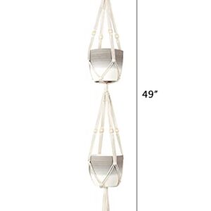 Mkono Macrame Double Plant Hanger Indoor Outdoor 2 Tier Hanging Planter Basket Cotton Rope with Beads 4 Legs 49 Inches