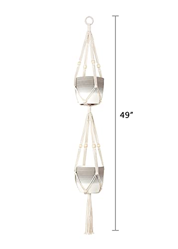 Mkono Macrame Double Plant Hanger Indoor Outdoor 2 Tier Hanging Planter Basket Cotton Rope with Beads 4 Legs 49 Inches