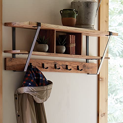 Alaterre Furniture Ryegate Solid Wood with Metal Storage, Natural Coat Hooks