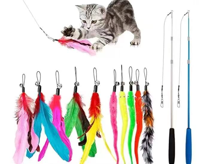 JIARON Cat Toys Feather Toy, 2PCS Retractable Cat Wand Toys and 10PCS Replacement Teaser with Bell Refills, Interactive Catcher Teaser and Funny Exercise for Kitten or Cats.