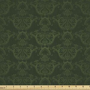 lunarable hunter green fabric by the yard, victorian damask rococo renaissance swirled classic floral petals pattern, decorative fabric for upholstery and home accents, 2 yards, green