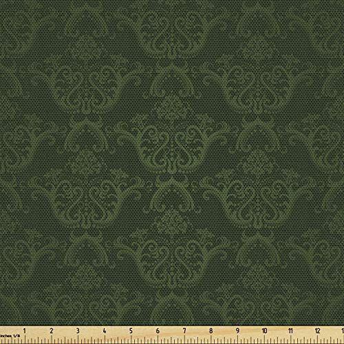 Lunarable Hunter Green Fabric by The Yard, Victorian Damask Rococo Renaissance Swirled Classic Floral Petals Pattern, Decorative Fabric for Upholstery and Home Accents, 2 Yards, Green