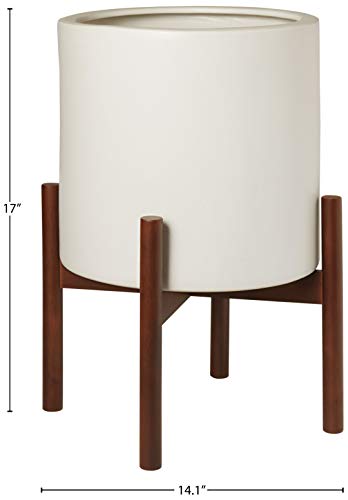 Amazon Brand – Rivet Surrey Modern Ceramic Planter Pot with Wood Plant Stand, 17"H, White
