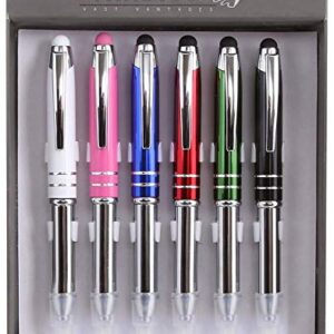 Travigo 6-Pack 3-in-1 Capacitive Stylus Tip Ballpoint Metal Pen with LED Light Set | Black Blue Red Green Pink White