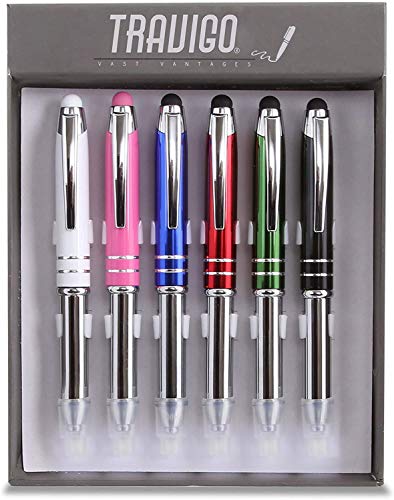 Travigo 6-Pack 3-in-1 Capacitive Stylus Tip Ballpoint Metal Pen with LED Light Set | Black Blue Red Green Pink White