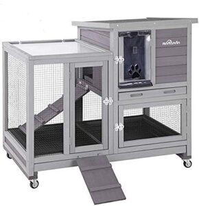 aivituvin rabbit hutch, indoor bunny cage with run outdoor rabbit house with two deeper no leak trays - 4 casters include (grey)