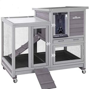 Aivituvin Rabbit Hutch, Indoor Bunny Cage with Run Outdoor Rabbit House with Two Deeper No Leak Trays - 4 Casters Include (Grey)