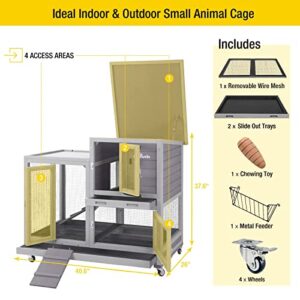 Aivituvin Rabbit Hutch, Indoor Bunny Cage with Run Outdoor Rabbit House with Two Deeper No Leak Trays - 4 Casters Include (Grey)