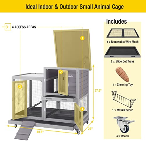 Aivituvin Rabbit Hutch, Indoor Bunny Cage with Run Outdoor Rabbit House with Two Deeper No Leak Trays - 4 Casters Include (Grey)