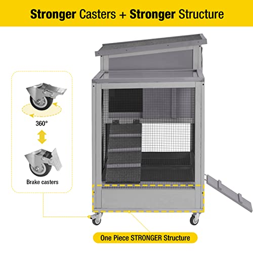 Aivituvin Rabbit Hutch, Indoor Bunny Cage with Run Outdoor Rabbit House with Two Deeper No Leak Trays - 4 Casters Include (Grey)