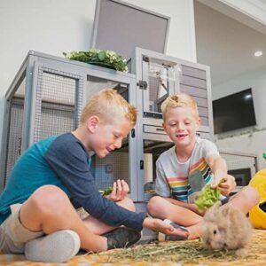 Aivituvin Rabbit Hutch, Indoor Bunny Cage with Run Outdoor Rabbit House with Two Deeper No Leak Trays - 4 Casters Include (Grey)