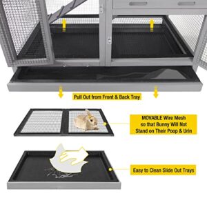 Aivituvin Rabbit Hutch, Indoor Bunny Cage with Run Outdoor Rabbit House with Two Deeper No Leak Trays - 4 Casters Include (Grey)