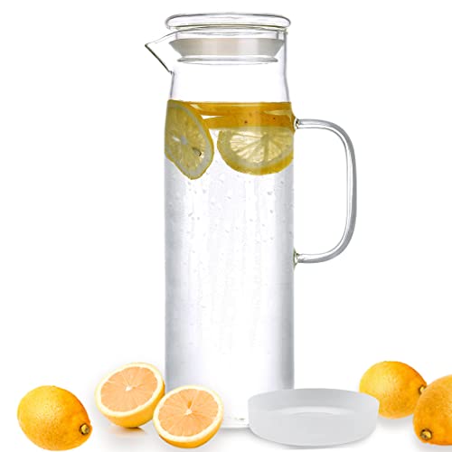 Glass Pitcher with Lid Water Carefe with Handle for Hot/Cold Beverages- Water, Cold Brew, Iced Tea & Juice, 1 Free Silicone Mat Inclued