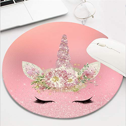 Computer Gaming Mouse Pad Waterproof Non-Slip Rubber Material Round Mouse Mat for Office and Home(8 Inch)-Unicorn Lashes Pink Rose Gold Glitter Flowers