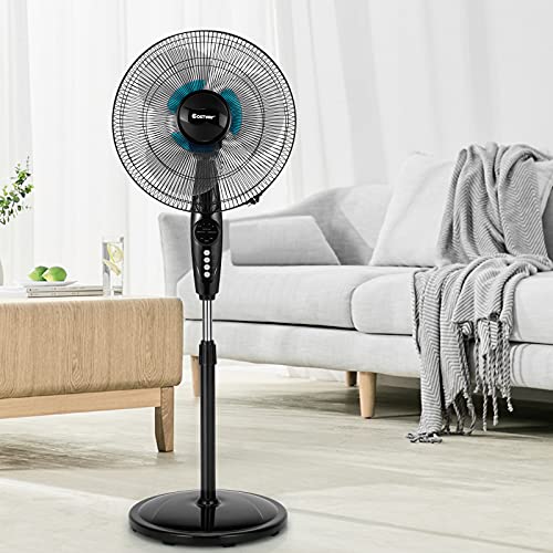 COSTWAY Pedestal Fan, 18-Inch Adjustable Height Fan, 3-Speed Digital Control, Timer, LCD Display, Double Blades, Remote Control, Quiet Oscillating Stand Fan for Home, Office, Bedroom