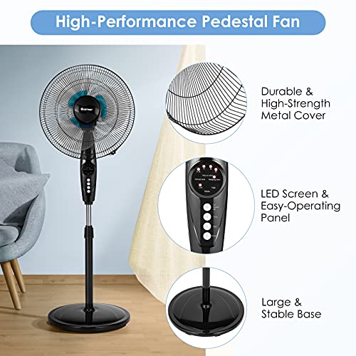 COSTWAY Pedestal Fan, 18-Inch Adjustable Height Fan, 3-Speed Digital Control, Timer, LCD Display, Double Blades, Remote Control, Quiet Oscillating Stand Fan for Home, Office, Bedroom