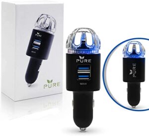 car air purifier premium air ionizer & car charger accessory w/ dual usb ports - quick charge 3.0 - eliminate allergens bad odor pet smell smoke pollen mold bacteria viruses pm2.5 & vocs deodorizer (black)