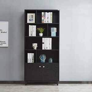 Mixcept Modern Bookcase with 2 Doors 68" Tall Storage Wooden Bookshelf with 7 Compartments for Home Office, Black