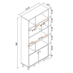 Mixcept Modern Bookcase with 2 Doors 68" Tall Storage Wooden Bookshelf with 7 Compartments for Home Office, Black