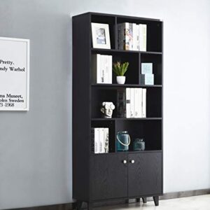 Mixcept Modern Bookcase with 2 Doors 68" Tall Storage Wooden Bookshelf with 7 Compartments for Home Office, Black