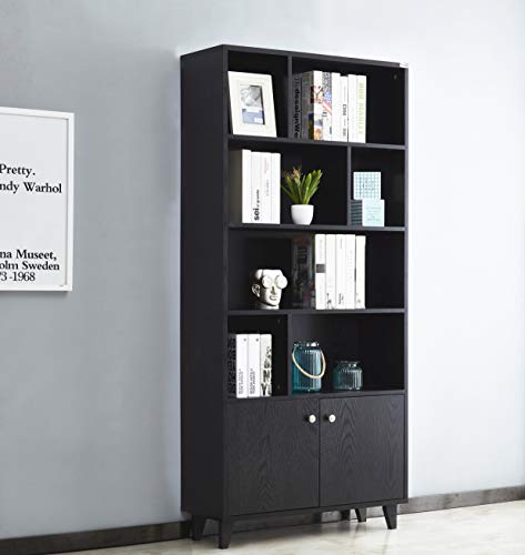 Mixcept Modern Bookcase with 2 Doors 68" Tall Storage Wooden Bookshelf with 7 Compartments for Home Office, Black