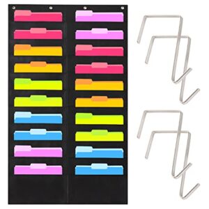 heavy duty storage pocket chart for classroom and office, 20 pockets, 4 over door hangers included, hanging wall file organizer for file folders, school mailbox, home/office papers & more (black)