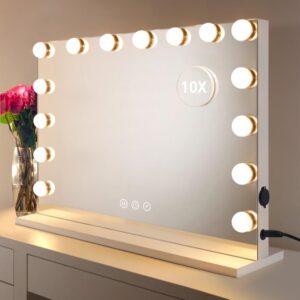 hompen vanity mirror makeup mirror with lights,large hollywood lighted vanity mirror with 15 dimmable led bulbs,3 color modes, touch control for dressing room & bedroom, tabletop or wall-mounted