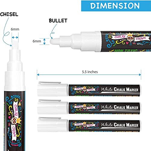 CHALKY CROWN Liquid Chalk Marker Pen - White Drawing Chalk - Chalk Markers for Chalkboard Signs, Windows, Blackboard, Glass - 6mm Reversible Tip (5 Pack) - 24 Chalkboard Labels Included