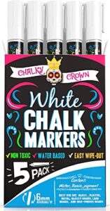 chalky crown liquid chalk marker pen - white drawing chalk - chalk markers for chalkboard signs, windows, blackboard, glass - 6mm reversible tip (5 pack) - 24 chalkboard labels included