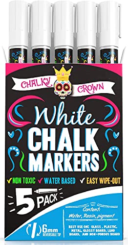 CHALKY CROWN Liquid Chalk Marker Pen - White Drawing Chalk - Chalk Markers for Chalkboard Signs, Windows, Blackboard, Glass - 6mm Reversible Tip (5 Pack) - 24 Chalkboard Labels Included