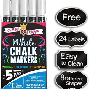 CHALKY CROWN Liquid Chalk Marker Pen - White Drawing Chalk - Chalk Markers for Chalkboard Signs, Windows, Blackboard, Glass - 6mm Reversible Tip (5 Pack) - 24 Chalkboard Labels Included