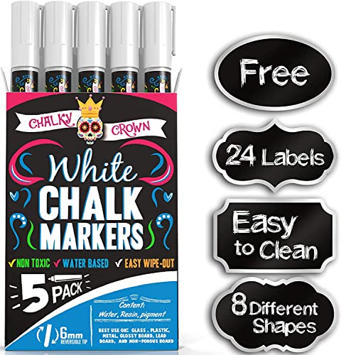 CHALKY CROWN Liquid Chalk Marker Pen - White Drawing Chalk - Chalk Markers for Chalkboard Signs, Windows, Blackboard, Glass - 6mm Reversible Tip (5 Pack) - 24 Chalkboard Labels Included