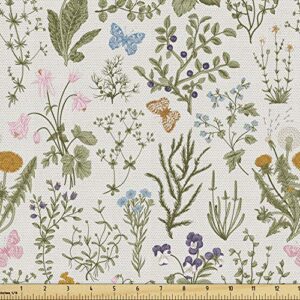 ambesonne floral fabric by the yard, vintage garden plants herbs flowers botanical classic design art, decorative fabric for upholstery and home accents, 1 yard, pink blue