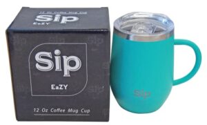 sip eazy turquoise double walled st/steel insulated mug/cup with handle & lid 12oz- keeps drinks hot or cold for many hours - coffee, tea, water, wine - arrives boxed for easy gifting!