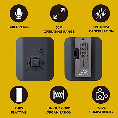 TUNAI Square Portable Bluetooth 5.0 USB DAC/Headphone Receiver Amplifier with aptX, aptX Low Latency, AAC, Discrete Cirrus Logic DAC, Low Noise Floor, Cord Management, Built-in Microphone