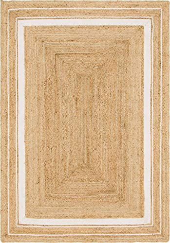 Unique Loom Braided Jute Collection Classic Quality Made Hand Woven with Coastal Design Area Rug, 6 ft x 9 ft, Natural/Ivory