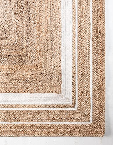 Unique Loom Braided Jute Collection Classic Quality Made Hand Woven with Coastal Design Area Rug, 6 ft x 9 ft, Natural/Ivory
