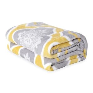 shop lc grey throw fleece blanket queen size | 80"x60" | yellow moroccan pattern 100% microfiber soft plush lightweight full size flannel with knitted border birthday gifts
