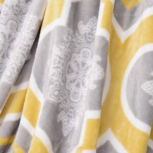 Shop LC Grey Throw Fleece Blanket Queen Size | 80"x60" | Yellow Moroccan Pattern 100% Microfiber Soft Plush Lightweight Full Size Flannel with Knitted Border Birthday Gifts