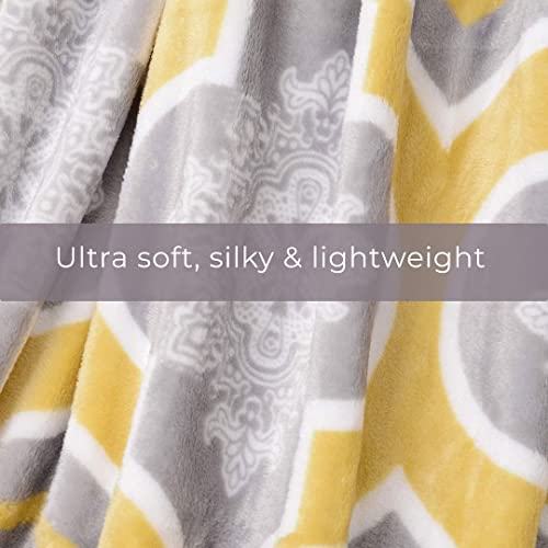 Shop LC Grey Throw Fleece Blanket Queen Size | 80"x60" | Yellow Moroccan Pattern 100% Microfiber Soft Plush Lightweight Full Size Flannel with Knitted Border Birthday Gifts