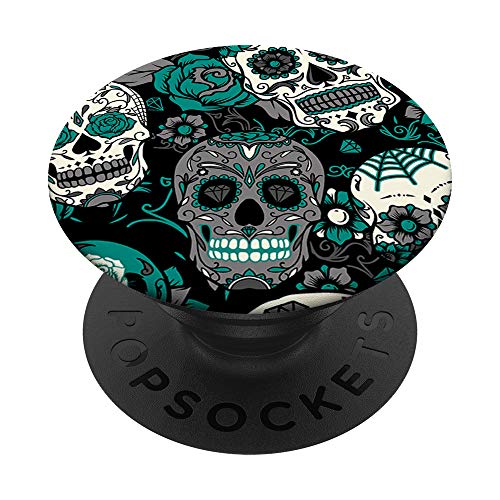 Sugar Skull - Black & Teal Dia De Los Muertos Popsockets PopSockets PopGrip: Swappable Grip for Phones & Tablets