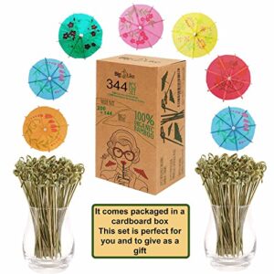 344 Pcs Set - 144 Drink Umbrellas and 200 Bamboo Knot Picks 6" - Appetizer skewers, Cocktail Umbrellas for Drinks, Toothpicks for Appetizers, Tiki Drink Umbrellas, Cocktail Picks