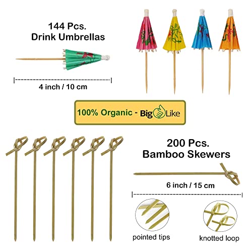 344 Pcs Set - 144 Drink Umbrellas and 200 Bamboo Knot Picks 6" - Appetizer skewers, Cocktail Umbrellas for Drinks, Toothpicks for Appetizers, Tiki Drink Umbrellas, Cocktail Picks