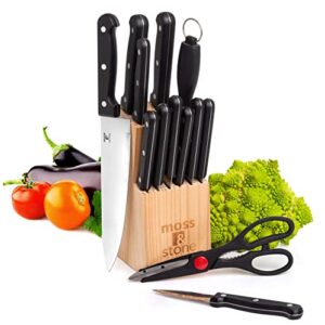 moss & stone stainless steel serrated knife set | premium kitchen knives set with high-carbon stainless steel blades and wooden block set | cutlery knife set, kitchen set. (14 piece)