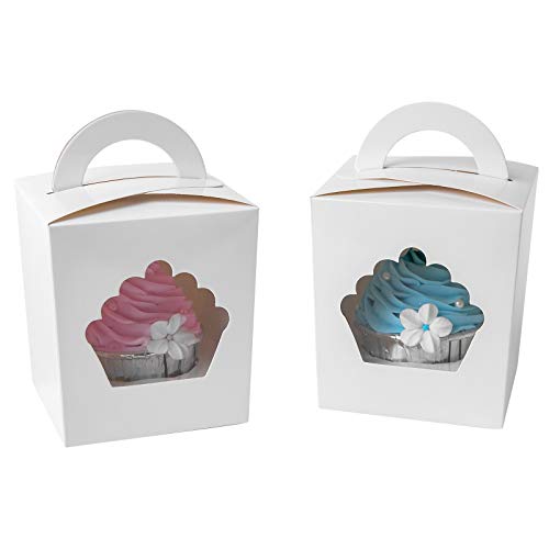 ONE MORE Individual Cupcake Containers,Large Single Cupcake Boxes Carrier with Insert & Handles and PVC Window For Birthday Party(White 15)